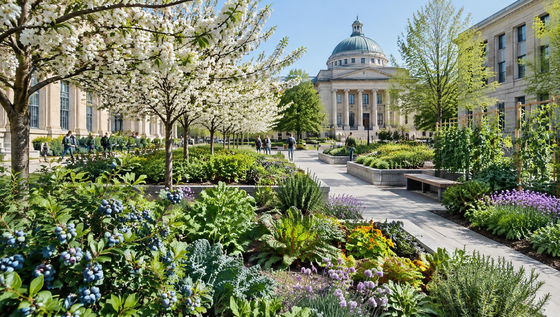 Fruit trees, berries, herbs, and vegetables integrated into a civic campus landscape