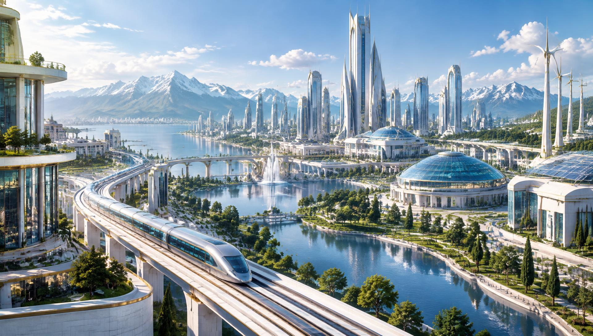 A bright future city with clean transit, research centers, parks, and advanced infrastructure